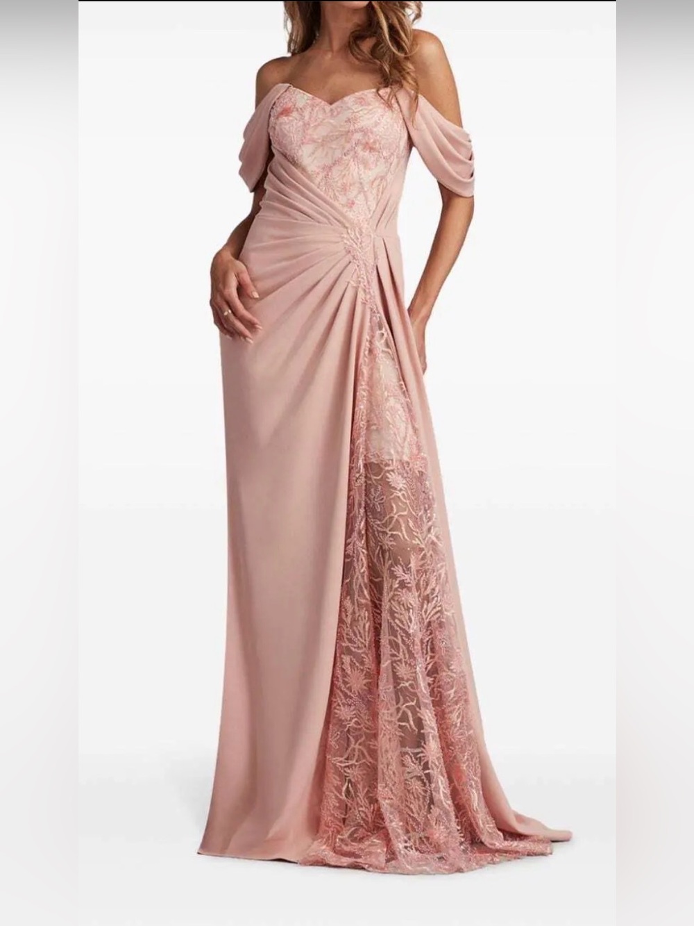 TADASHI SHOJI Pilat Bead Embellished Gown Pale Pink Off the Shoulder Sz 10
